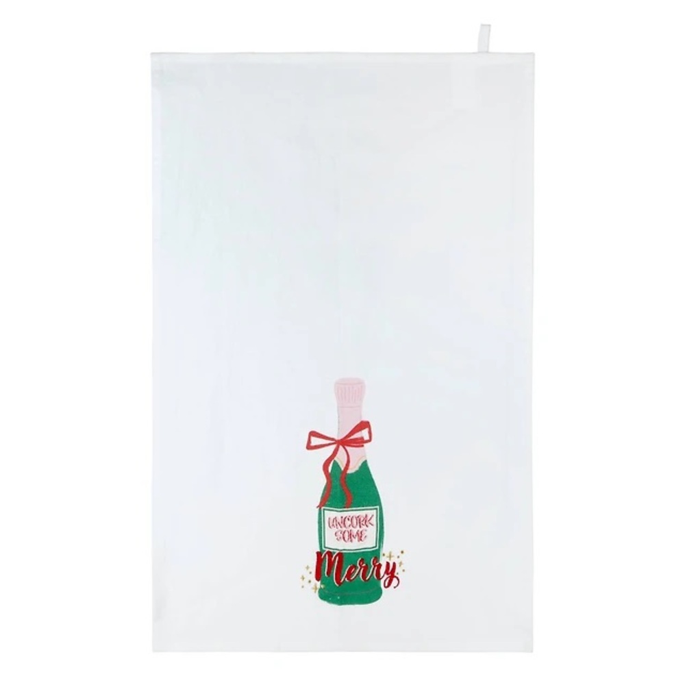Makery Uncork Some Merry Champagne Bottle Embroidered White Kitchen Towel